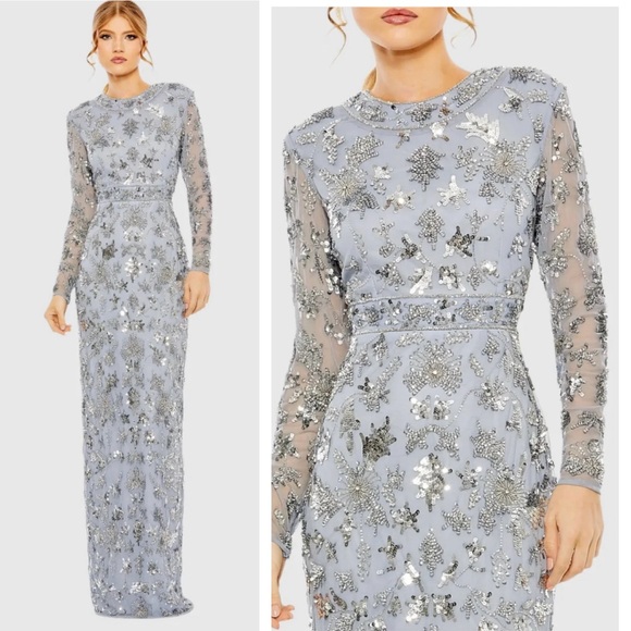 New MAC DUGGALHigh Neck Long Sleeve Embellished ColumnGown...